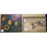 Lisa Mario Cozzo Aportoz, 2 oils on card, still life of lemons and still life of turnips 28 x 33cm