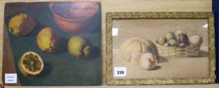 Lisa Mario Cozzo Aportoz, 2 oils on card, still life of lemons and still life of turnips 28 x 33cm