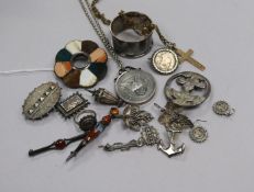 A quantity of assorted silver and white metal items including hardstone brooch and a 9ct gold