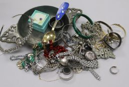 Assorted costume jewellery and other items including silver and a pewter quaich.