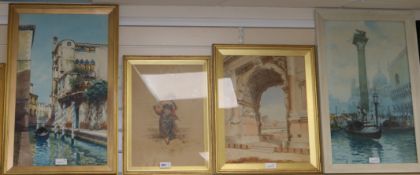 A group of four late 19th century Italian watercolour of Venice (2), a peasant girl, The Coliseum