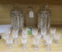 A pair of glass lustres, three glasses and a paperweight. lustres height 19cm