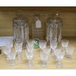 A pair of glass lustres, three glasses and a paperweight. lustres height 19cm