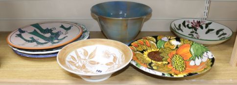 Seven Studio pottery plates or bowls