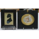 A 19th century silhouette portrait of a gentleman and an oval miniature watercolour of Cupid &