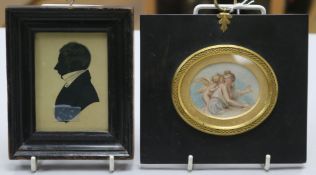 A 19th century silhouette portrait of a gentleman and an oval miniature watercolour of Cupid &