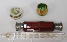 Two Victorian glass scent bottles and two other items, comprising an enamelled glass 'lachrymatory