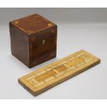 An inlaid tea caddy and a cribbage board caddy width 11cm height 13cm