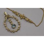 An Edwardian 9ct gold, split pearl and gem set drop pendant and a yellow metal and seed pearl