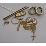 A pair of 9ct gold cufflinks, pair of yellow metal earclips and minor items including a 9ct