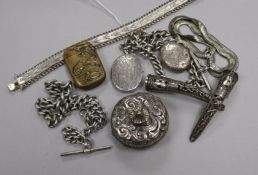 Two silver alberts, two white metal nail guards, two silver lockets including Victorian and other