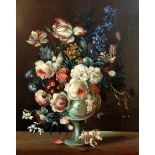 After Edward Ladell (1821-1886)oil on canvasStill life of flowers in a vase on a ledgebears