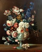 After Edward Ladell (1821-1886)oil on canvasStill life of flowers in a vase on a ledgebears