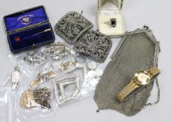 A chain mail evening bag, Dunhill watch, cut steel shoe buckles and mixed costume jewellery