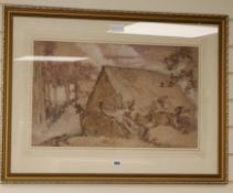 Sir Frank Brangwyn, watercolour and pencil on paper, Montrevil, initialled, 37 x 60cm