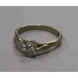 A mid 20th century 18ct white gold and solitaire diamond ring, size M.