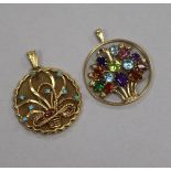 A 9ct gold and multi-gem set pendant and a yellow metal and cabochon gem set pendant, 30mm approx.