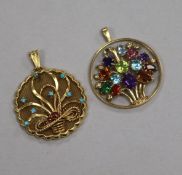 A 9ct gold and multi-gem set pendant and a yellow metal and cabochon gem set pendant, 30mm approx.