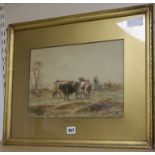 Henry Earp Snr, watercolour, cattle and drover at South Down, Sussex, signed, 24 x 35cm