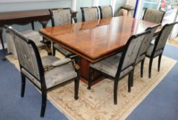 A burrwood dining table and eight chairs W.230cm