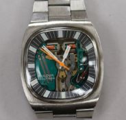 A gentleman's stainless steel Bulova Accutron space view wrist watch.
