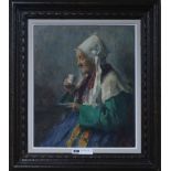 Emil Simon (1890-1976) oil on board, A Breton woman drinking tea, signed 45 x 37cm.