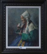 Emil Simon (1890-1976) oil on board, A Breton woman drinking tea, signed 45 x 37cm.