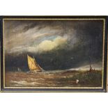 Norwich School, oil on canvas, Sail barge off the coast, 17 x 25cm