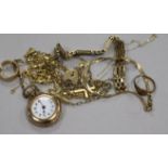 A 9ct gold fob watch on 9ct chain and other items including a 9ct gold chain, ring, bracelet etc.