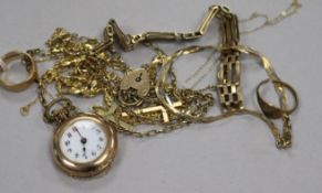 A 9ct gold fob watch on 9ct chain and other items including a 9ct gold chain, ring, bracelet etc.