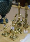 A pair of brass table lamps, another and a pair of candlesticks lamps height 35cm