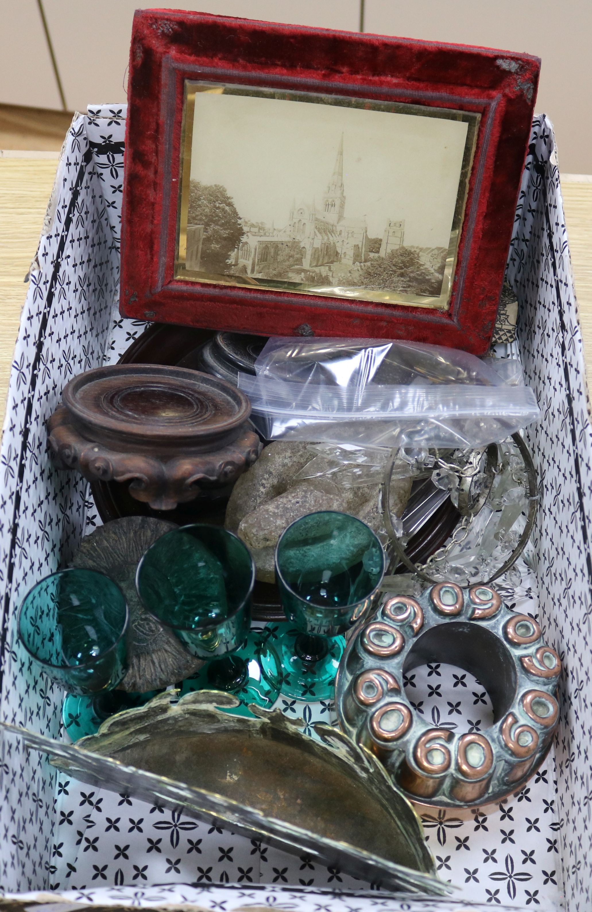 A Georgian copper jelly mould, butter pot and other mixed collectables