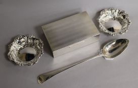 A George III silver Old English pattern basting spoon, London, 1799, a later silver cigarette box