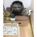 A group of mixed boxes, lamps, a bronze planter, lamp and crested ware etc