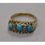 An Edwardian 18ct gold, turquoise and diamond ring, size L.