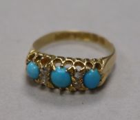 An Edwardian 18ct gold, turquoise and diamond ring, size L.