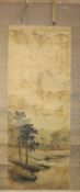 A Chinese scroll painting of bamboo, a boxed Japanese scroll and Fijian lacquer wares