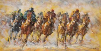 M Harold, oil on canvas, horse racing scene, 61 x 122cm, unframed
