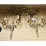 Four bronze Louis XVI two branch wall lights length 37cm