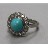 A white metal, turquoise and diamond cluster ring, size L.