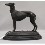 After J P Mene. A spelter figure of a greyhound, on marble base, width 32cm height 30cm