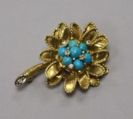 A 1960's 18ct gold, turquoise and diamond set flower brooch, 41mm.