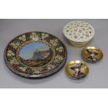A Thoune painted pottery plaque, a pair of small Continental dishes and a Grainger Worcester pot