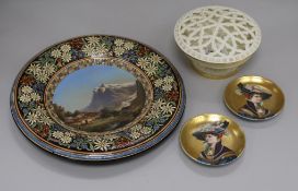 A Thoune painted pottery plaque, a pair of small Continental dishes and a Grainger Worcester pot