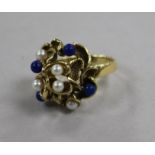 A 1980's? 14ct gold, cultured pearl and lapis lazuli set cocktail ring, size M.