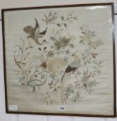 A Chinese embroidered silk 'bird' panel width 60cm height 56cm