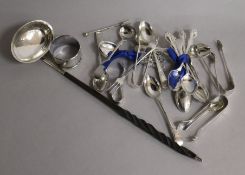 A Georgian silver toddy ladle, a silver napkin ring and a small group of silver flatware.