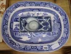 A small quantity of blue and white ceramics meat platter length 45cm