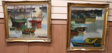 J Courteau, two oils on canvas, Fishing boats in harbour, signed and dated '75, 48 x 58cm and 58 x