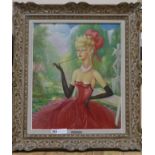 M. Randoin, oil on board, portrait of an elegant lady smoking a cigarette, signed, 54 x 45cm
